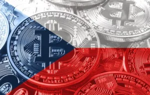 Czech flag overlaid on bitcoins.