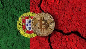 Bitcoin over Portuguese flag with cracked surface.