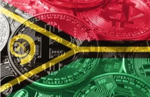Vanuatu flag overlaying Bitcoin coins.